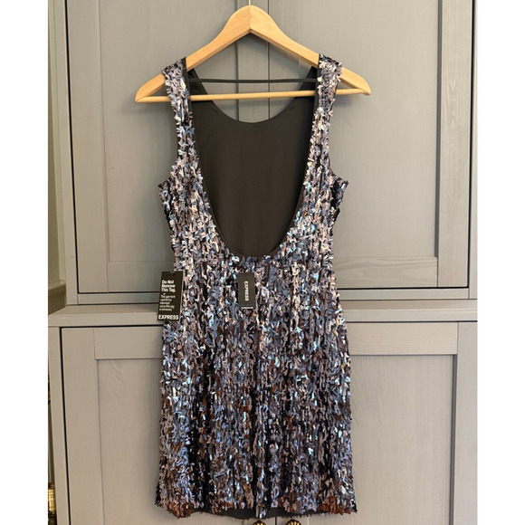 NWT Express Sequin Mini Dress XS ~ Black Silver Iridescent Party Glam Sparkle - Picture 5 of 12